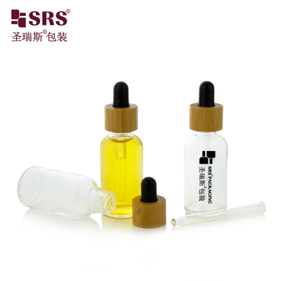 1 OZ kosong bening transparan kaca minyak esensial mewah Bambu bahu dropper botol 30ml