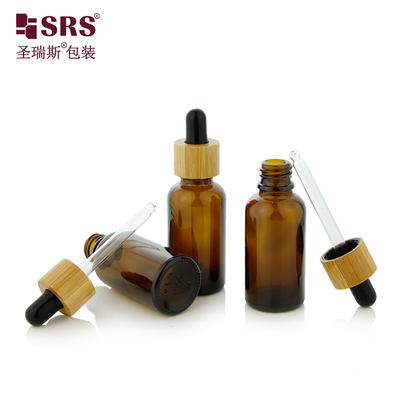 1 oz Empty Amber Cosmetic Essential Oil Bamboo Shoulder 30ml Botol Dropper Kaca
