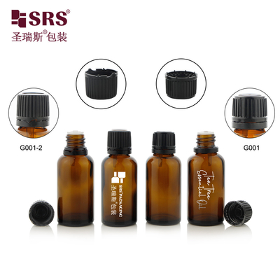 G001-2 Botol Kaca Cetakan Bulat Amber Dengan Tutup Sekrup Berbukti Tamper Plug Plastik Untuk Pengemasan Kontainer Minyak Esensial
