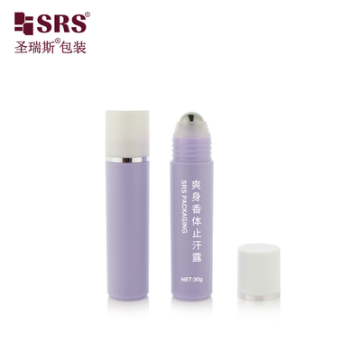 RPP-30ml Injeksi Ungu Glossy Matte Finished Cap Putih Dengan Stamping Ring Perak Bola Baja Pijat Rambut Serum Botol Roller