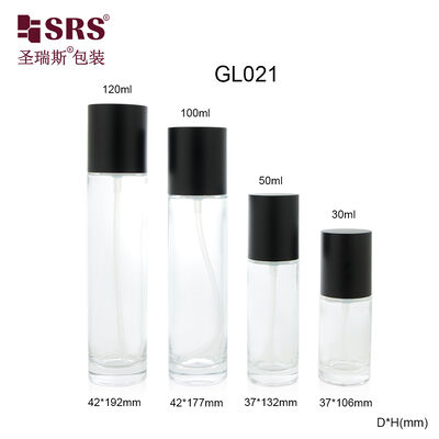 GL021 30ml 50ml 100ml 120ml Clear Mold Glass Lotion Pump Bottle With Black Cap Disesuaikan